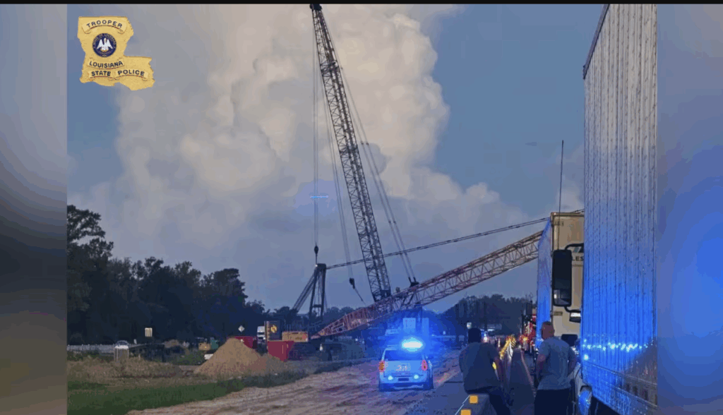 Hijacked crane on I-10; suspect in custody- photo from LSP