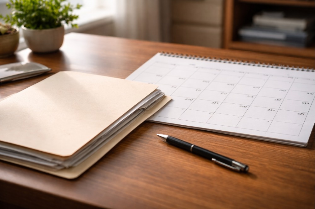 Desk calendar, case folder, and pen illustrating How Long Does a Wrongful Death Claim Typically Take In Arkansas