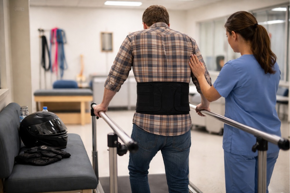 Patient with Spinal Cord Injuries from a Motorcycle Accident in Arkansas seen from behind using parallel bars with a physical therapist nearby.