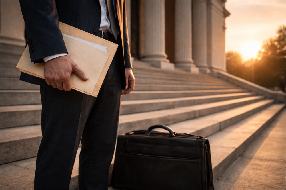 man standing on courthouse steps at sunrise holding a plain envelope of legal documents beside a briefcase, conveying a serious injury claim and Damages entitled to after truck accident injury Arkansas