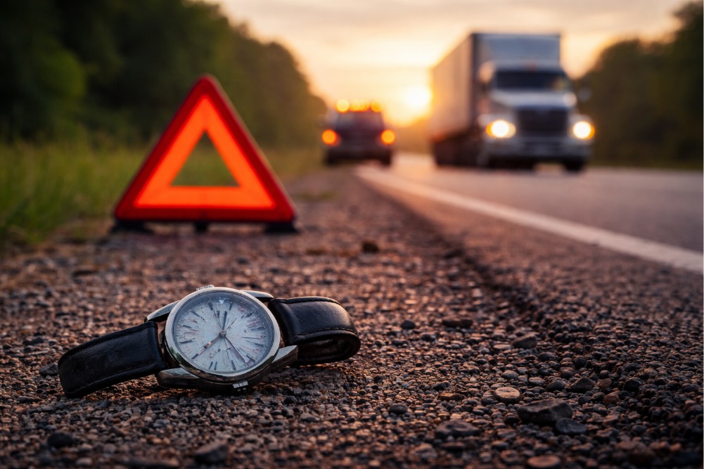 Mistakes after truck accident Arkansas concept image showing a broken wristwatch on the roadside gravel beside a reflective warning triangle, with a tow truck and semi-truck blurred in the distance at dawn.