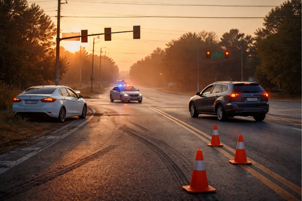 Dawn intersection accident aftermath in Arkansas with two cars pulled to the shoulder, hazard lights on, traffic cones and faint skid marks leading toward a police cruiser in soft focus, illustrating a right-of-way failure tied to violation 27-51-503.