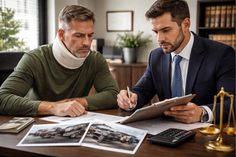 How Much Is Your Truck Accident Injury Claim Worth In Arkansas cover image showing an injured truck accident victim in a neck brace reviewing crash photos and legal paperwork with an attorney at a desk.