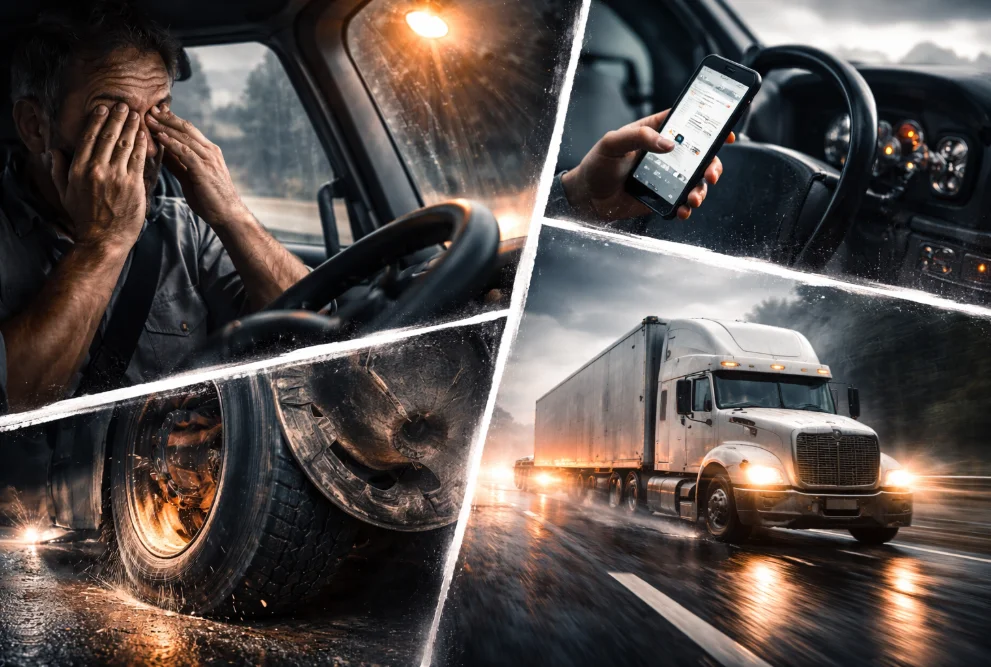 Here Are the Most Common Causes Of Truck Accidents In Arkansas And How To Protect Your Injury Claim After A Crash – composite image showing a fatigued truck driver, phone distraction inside the cab, worn brake and tire detail, and a speeding semi-truck driving through rain on a highway