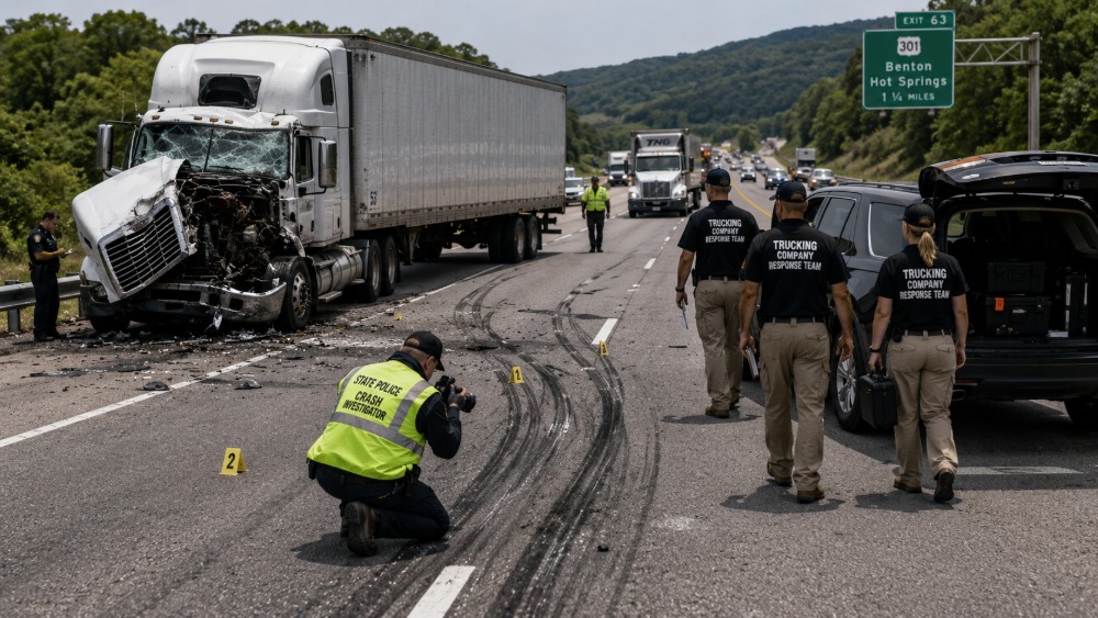 Trucking Company Denies Liability After an Arkansas Crash as investigators document skid marks and wreckage on an Arkansas highway while a commercial trucking company response team arrives behind them, with emergency vehicles, damaged semi-truck, and collision evidence visible in a realistic roadside investigation scene.
