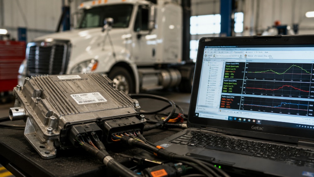 Truck electronic control module (ECM) connected to forensic diagnostic equipment with a semi-truck blurred in the background, illustrating how Accident Reconstruction Experts Help Arkansas Truck Accident Claims by analyzing black box data to determine fault.