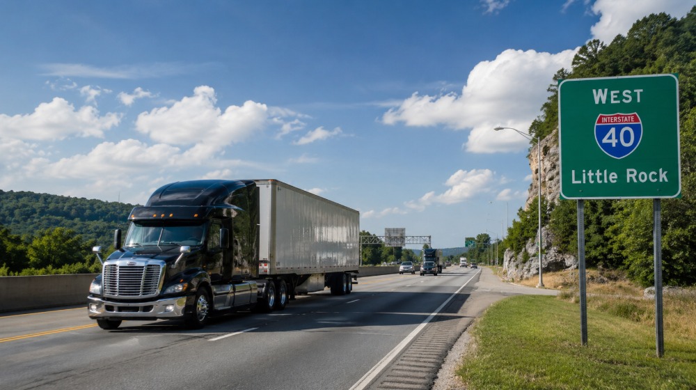 Modern semi-truck traveling on Interstate 40 in Arkansas with a highway sign for Little Rock, illustrating the topic "Arkansas Have Damage Caps In Truck Accident Cases" without depicting a crash.