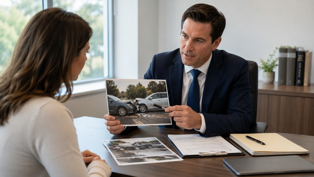 Personal injury lawyer reviewing car accident evidence with an injured client during a legal consultation, explaining deadlines and legal options for car accident injury that you can claim.