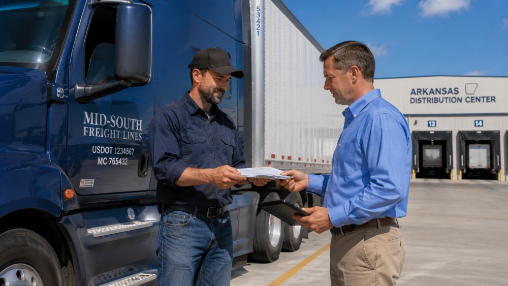 Commercial truck driver handing shipping documents to a fleet manager beside a modern semi-truck at an Arkansas distribution center, illustrating Vicarious Liability in Arkansas Truck accident cases through the employer-driver relationship.