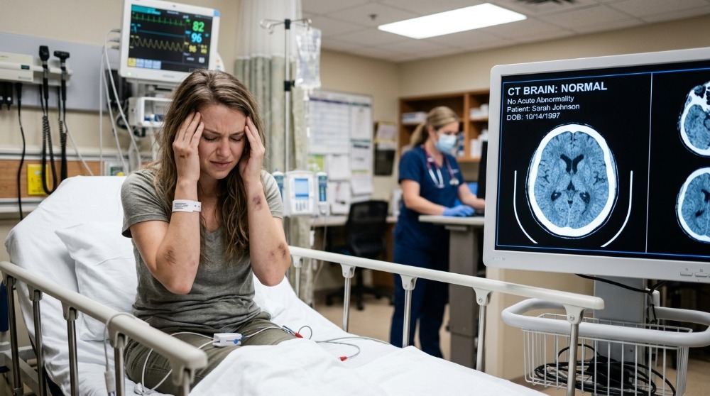 A distressed woman sits in a hospital bed holding her head in pain. A monitor nearby displays brain CT scans with the text 'CT BRAIN: NORMAL,' illustrating how difficult it can be to diagnose Head Injuries After a Car Accident that do not show immediate visible damage.