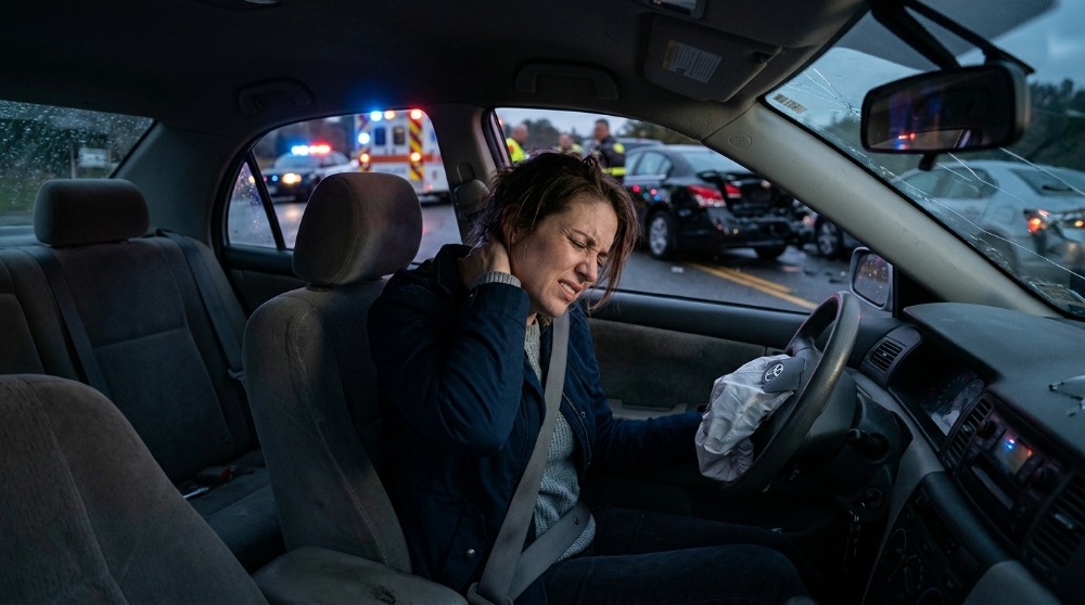 Injured driver holding the back of their neck after a rear-end collision, illustrating a Neck Injury After Car Accident with emergency vehicles and damaged cars blurred in the background.
