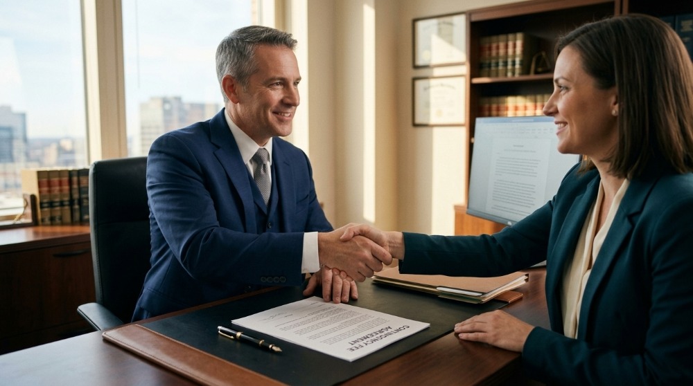 A lawyer and client shake hands across a desk over a contingency fee agreement, illustrating how personal injury lawyers get paid only when a case is won.