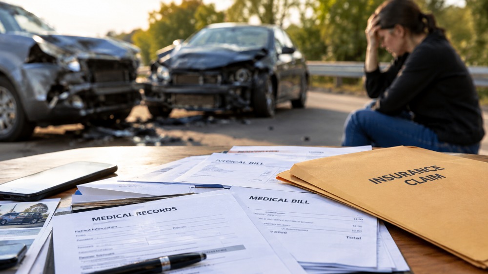 Photorealistic Arkansas personal injury scene with damaged vehicles, medical bills, records, an insurance claim folder, and a worried injured person, illustrating Mistakes That Can Ruin Your Personal Injury Claim.